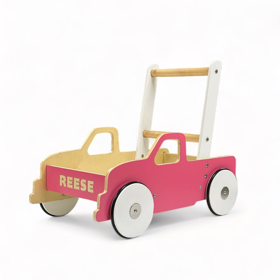 Luma Buggy: Malibu Pink Truck Handcrafted Baby Wooden Push Walker Cart