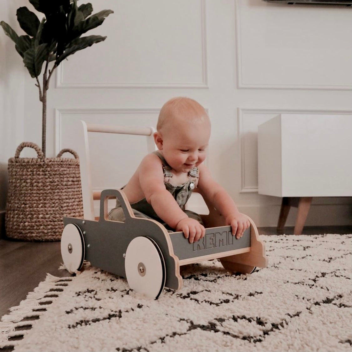 Luma Buggy: Charcoal Gray Truck Handcrafted Baby Wooden Push Walker Cart