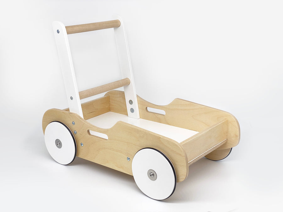 Luma Buggy: Handcrafted Wooden Push Cart in Natural Birch Wood & White