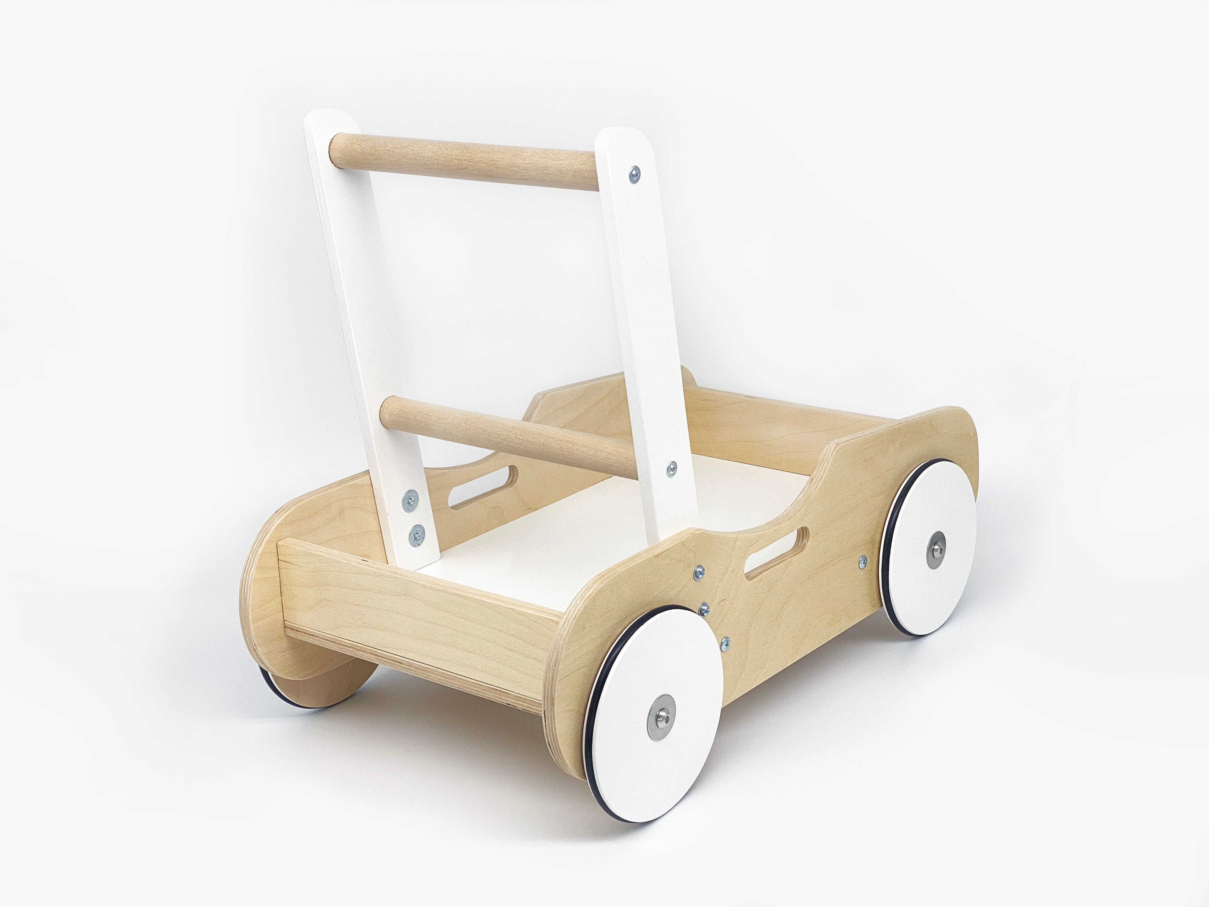 Luma Buggy: Handcrafted Wooden Push Cart in Natural Birch Wood & White